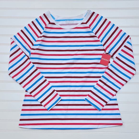 SPANX Other - NWT SPANX Women's Ocean Stripe Hibiscus Long Sleeve Swim Shirt Rash Guard Size L